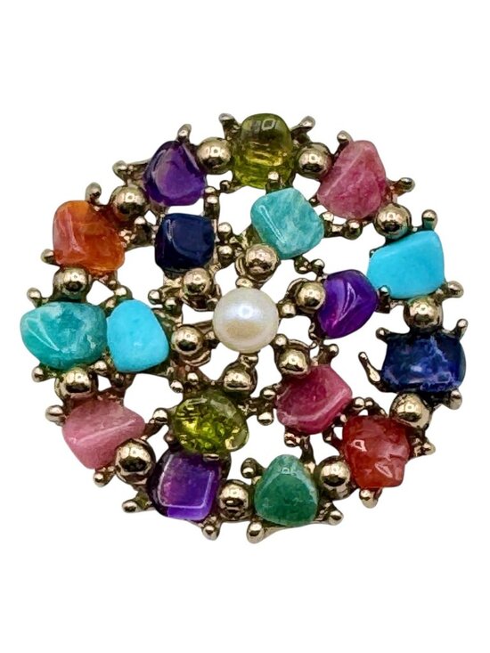 Estate Jewelry - Vintage Multicolor Gemstone Chip Cluster Brooch 70s BOHO Gold Tone Cast Setting